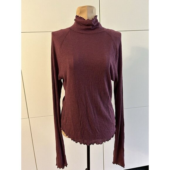 Free People Sara Turtleneck Long Sleeve Purple Waffle Lettuce Hem Top M - Picture 1 of 7